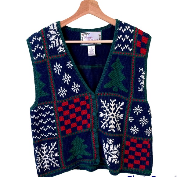 Vintage Sweaters - Vintage Knit Patchwork Christmas Sweater Vest SZ Medium